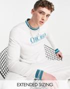 Asos Design Relaxed Long Sleeve T-shirt In White With Chicago City Embroidery & Striped Tipping