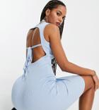 Missguided Petite Ribbed Backless Midi Dress With High Neck In Blue-blues