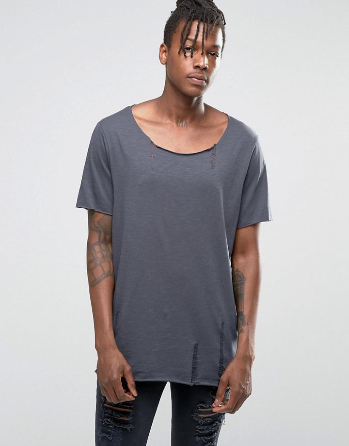 Asos Longline T-shirt In Textured Slub With Ladder Distressing In Ebony - Ebony