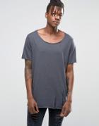 Asos Longline T-shirt In Textured Slub With Ladder Distressing In Ebony - Ebony