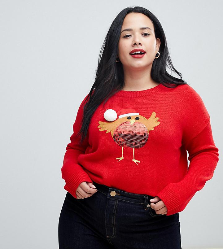 Brave Soul Plus Christmas Sweater With Sequin Robin Applique - Red