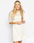 Asos Skater Dress With High Neck And Mixed Lace Inserts - Cream