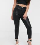 Asos Design Petite Ridley High Waisted Skinny Jeans In Coated Black