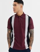 Asos Design Organic Polo Shirt With Vertical Color Block In Burgundy