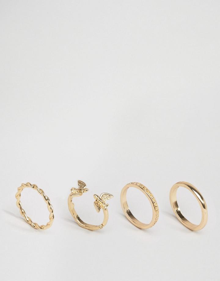 Asos Pack Of 4 Bird & Etched Stack Ring Pack - Gold