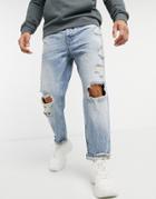 Bershka Straight Vintage Fit Jean In Blue With Rips