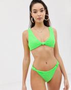 Asos Design Texture Knot Minimal Crop Bikini Top In Neon Green