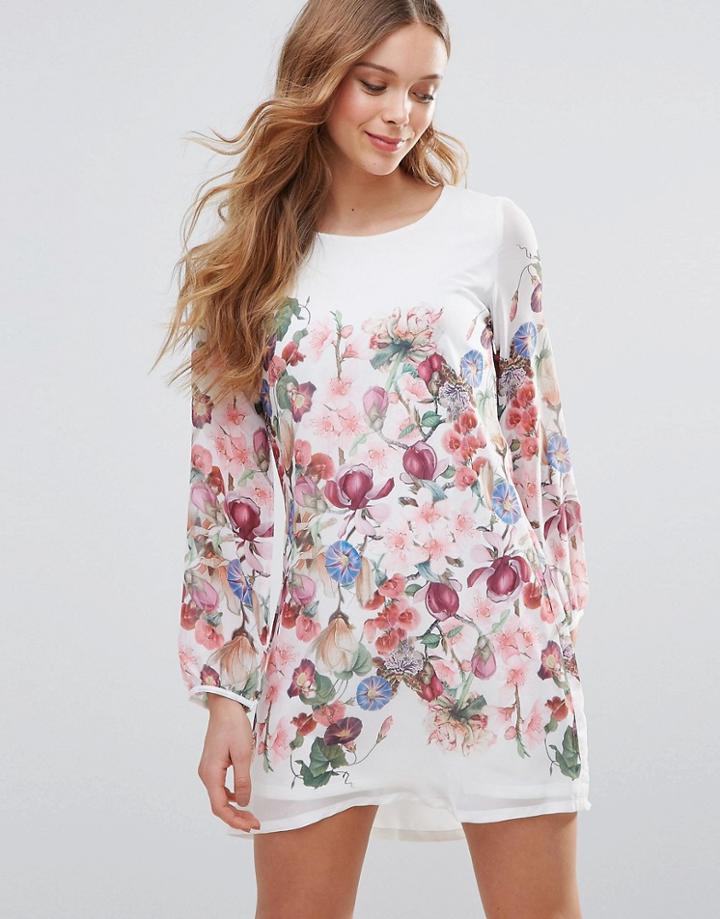 Yumi Long Sleeve Shift Dress In Botantical Print - White