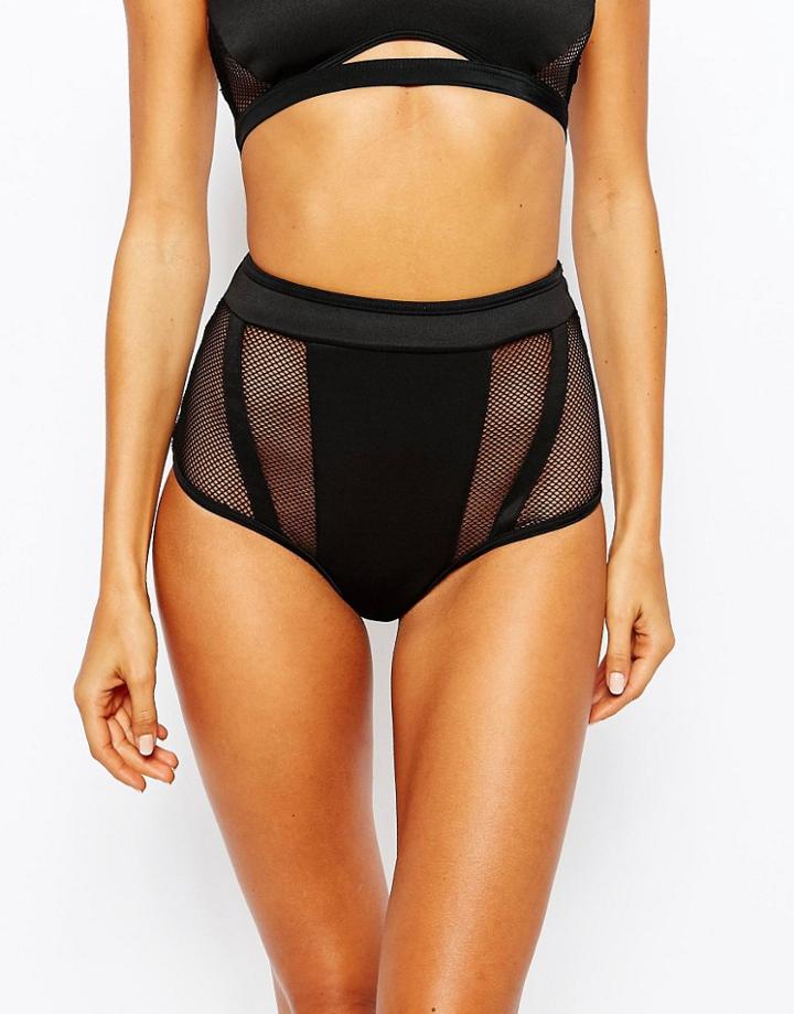 Asos Neoprene Fishnet Insert Panel High Waist Bikini Bottom - Black