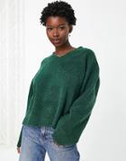 Weekday Ergo Recycled Chenille V Neck Sweater In Dark Green