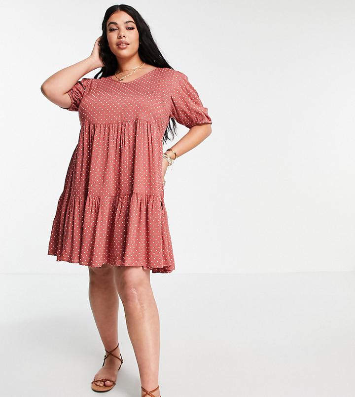 Yours Tiered Mini Dress In Rust Polka Dot-orange