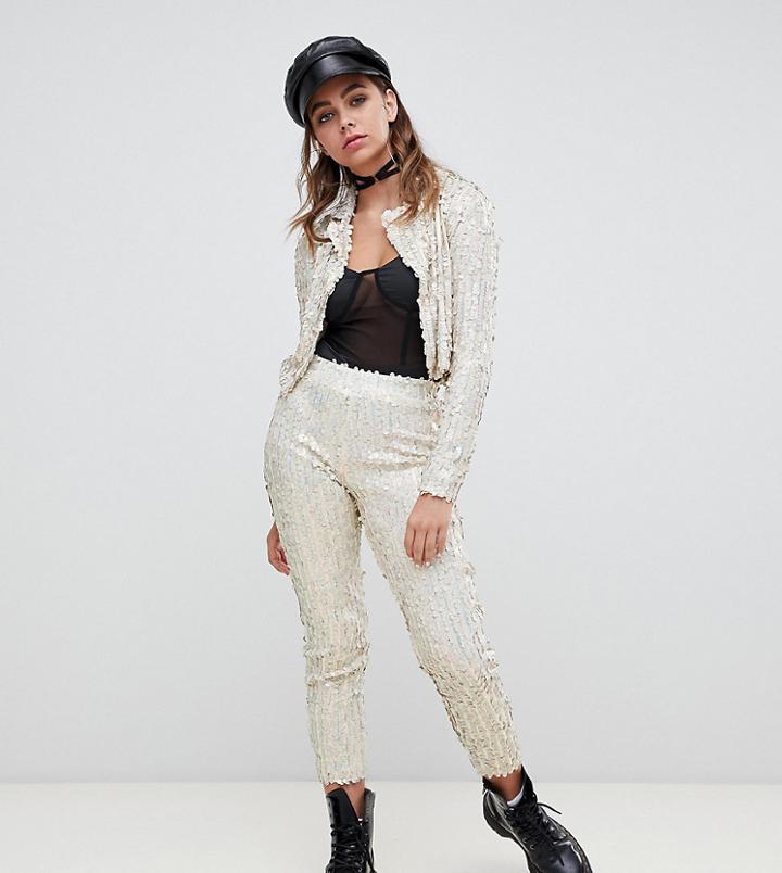One Above Another Peg Pants In Sequin Two-piece - Silver