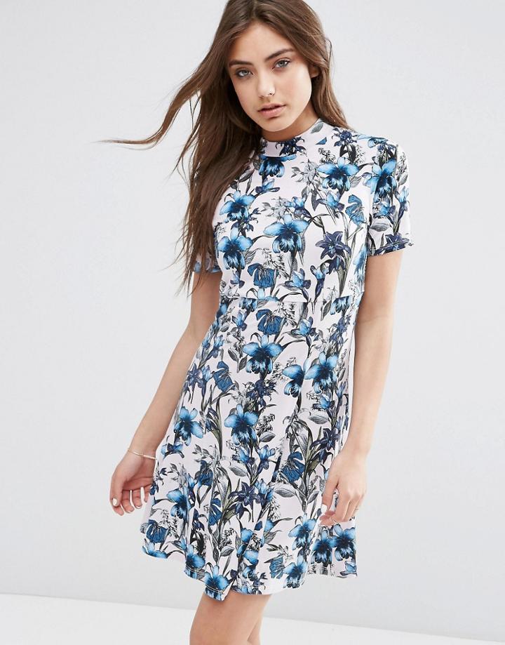 Asos High Neck Empire Skater Dress In Pretty Floral - Multi