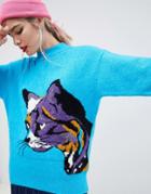 Asos Design Sweater With Wild Cat Design - Blue