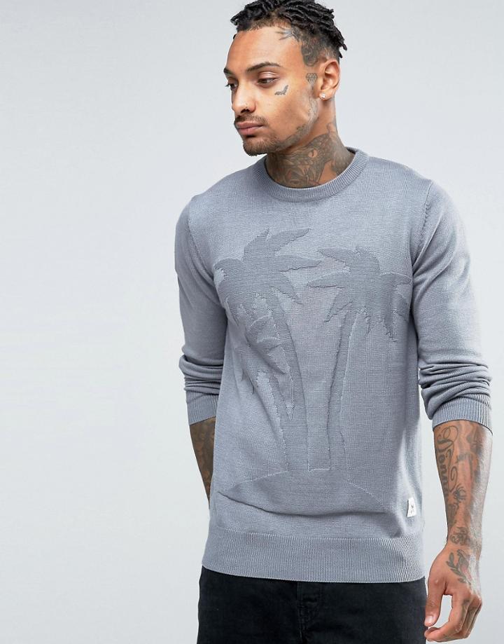 Bellfield Palm Tree Jacquard Crew Neck Sweat Sweater - Navy