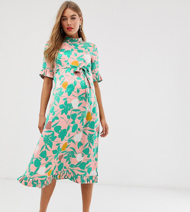 Asos Design Maternity Midi Jacquard Floral Column Dress With Belt-multi