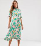 Asos Design Maternity Midi Jacquard Floral Column Dress With Belt-multi