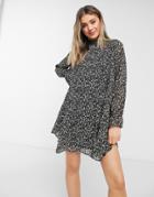 Qed London Smock Dress With Ruffle Neck In Whimsy Floral-black
