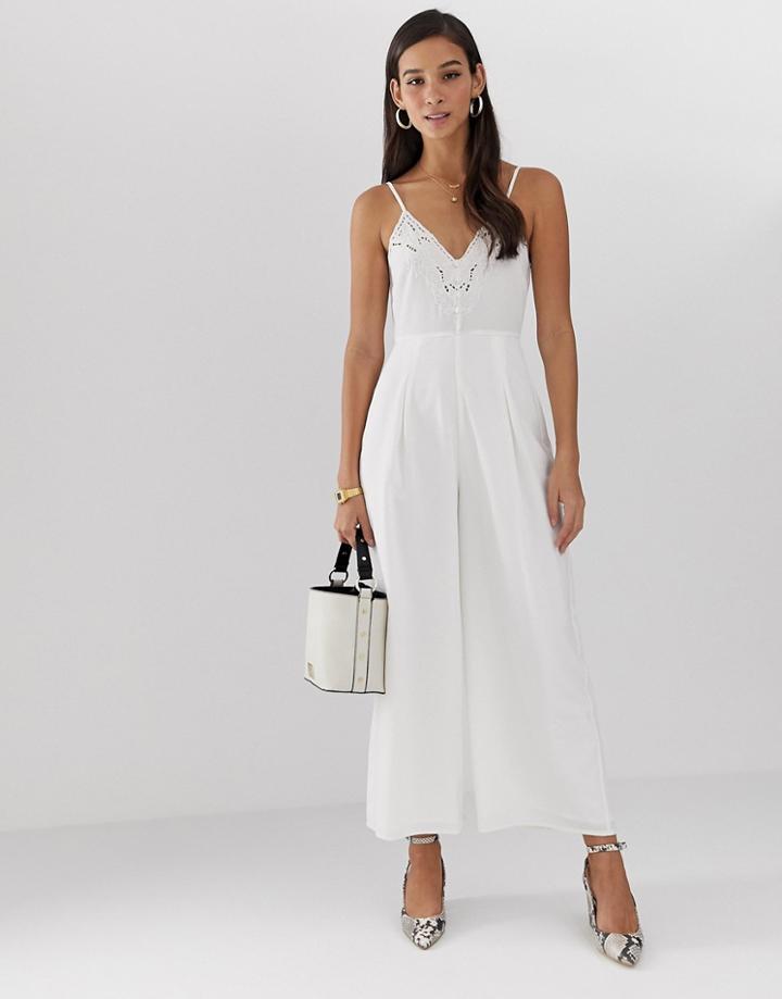 Asos Design Embroidery Trim Button Front Cami Jumpsuit - Cream