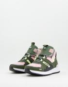 Lacoste Run High Top Up Sneakers In Khaki And Light Pink-multi