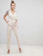 Little Mistress Wrap Belted Jumpsuit With Embroidered Sleeves - Cream