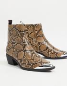 Asos Design Cuban Heel Western Chelsea Boots In Brown Faux Leather With Snake Print Angular Sole And Metal Toe Cap