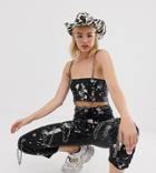 One Above Another Bandeau Top With Chain Straps In Paint Splatter Denim-black