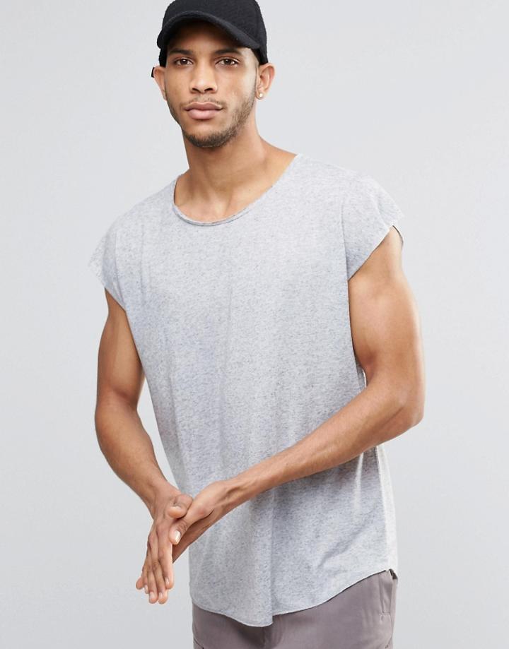 Asos Oversized Sleeveless T-shirt With Raw Edges In Linen Mix - Gray Linen