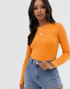 Asos Design Crew Neck Sweater In Skinny Rib - Yellow