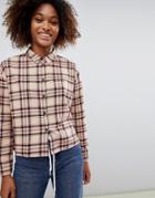 Asos Design Cropped Long Sleeve Shirt In Brown Check - Multi