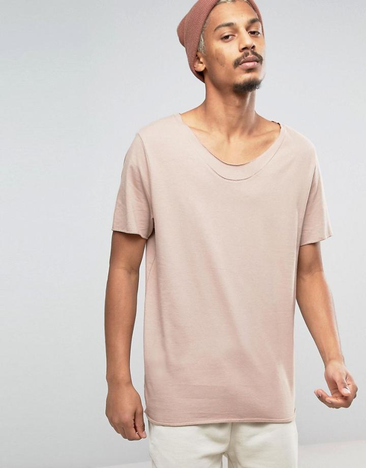 Asos Oversized T-shirt With Raw Scoop Neck In Beige - Brown