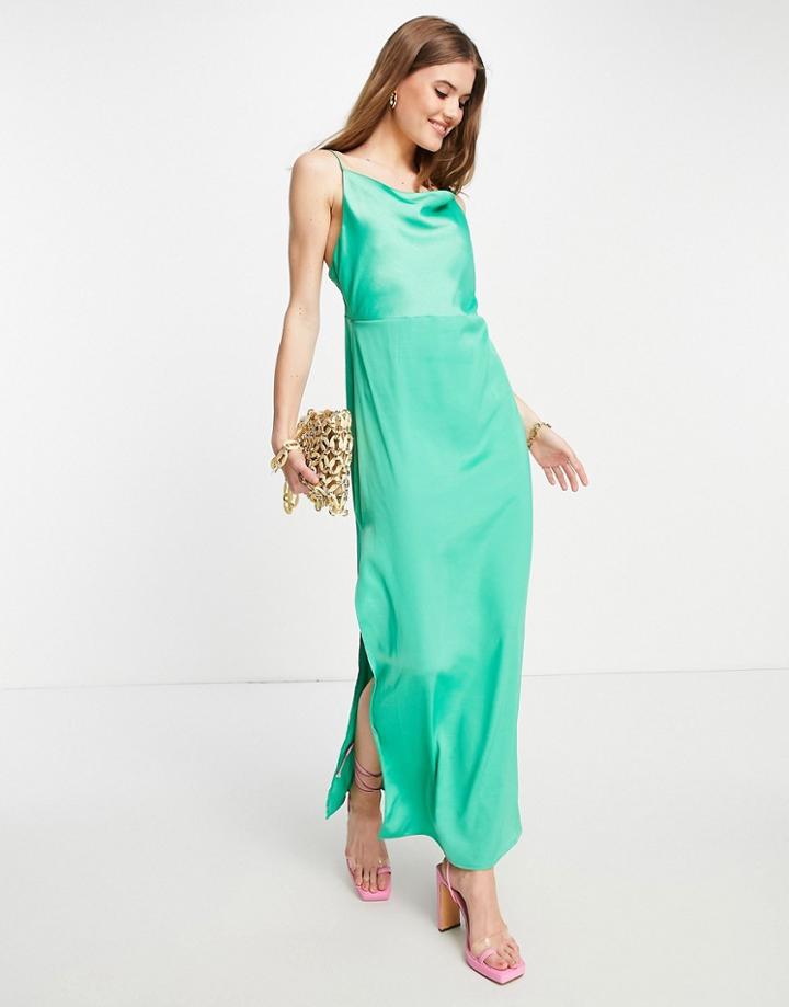 Envii Satin Maxi Cami Dress With Open Back In Bold Green
