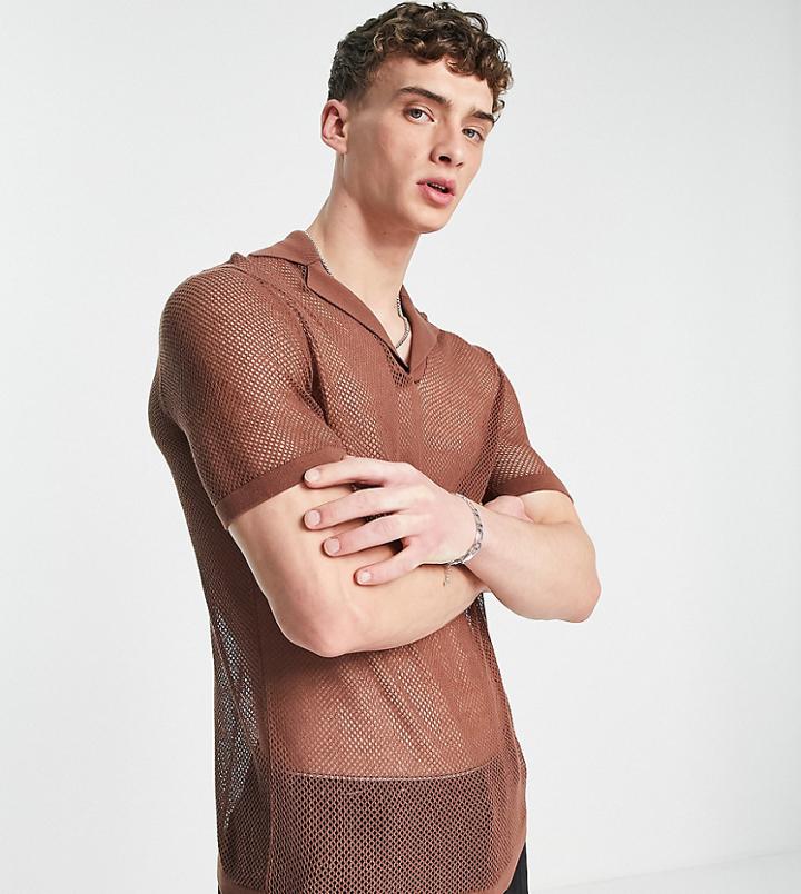 Asos Design Pointelle Short Sleeve Revere Polo In Rust-orange