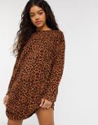 Asos Design Oversized Long Sleeve T-shirt Dress In Leopard Print-brown
