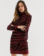 Brave Soul Zigby Animal Print Roll Neck Sweater Dress-red