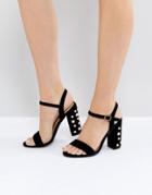 Public Desire Fairview Black Suede Pearl Detail Heeled Sandals - Black