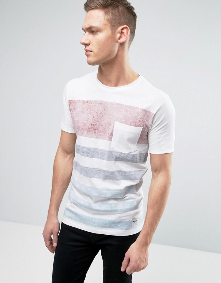 Only & Sons T-shirt With Raw Hem In Mixed Stripe And Pocket - White
