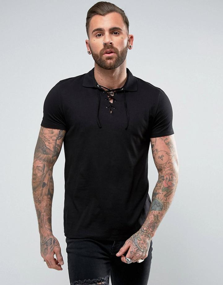 Asos Polo Shirt With Lace Up Neck In Black - Black