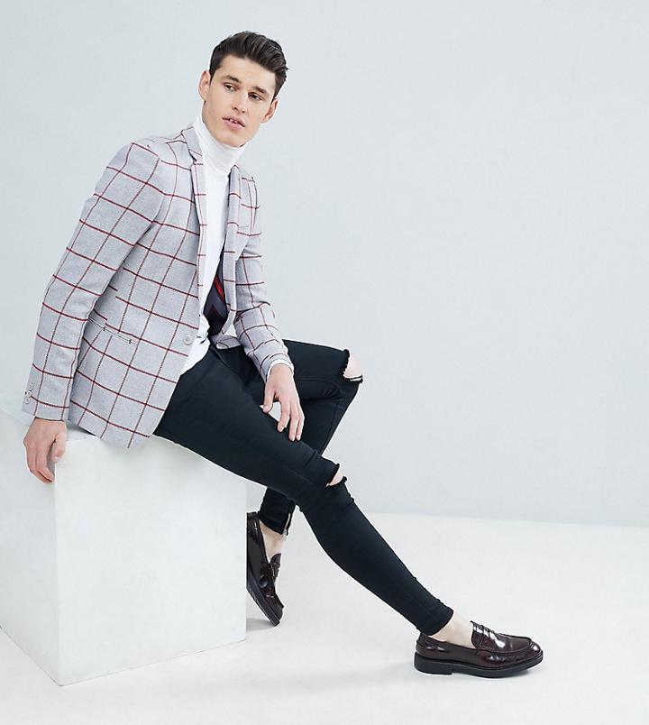 Asos Design Tall Super Skinny Blazer In Light Gray Wool Mix With Red Check - Gray