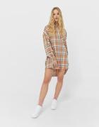 Stradivarius Oversized Boyfriend Shirt Dress In Beige Plaid-neutral