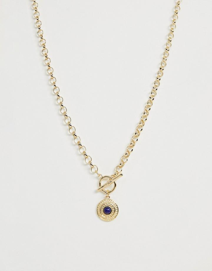 Asos Design Necklace With Semi-precious Stone Coin And Toggle In Gold Tone - Gold