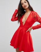 Missguided Plunge Lace Sleeve Skater Dress - Red