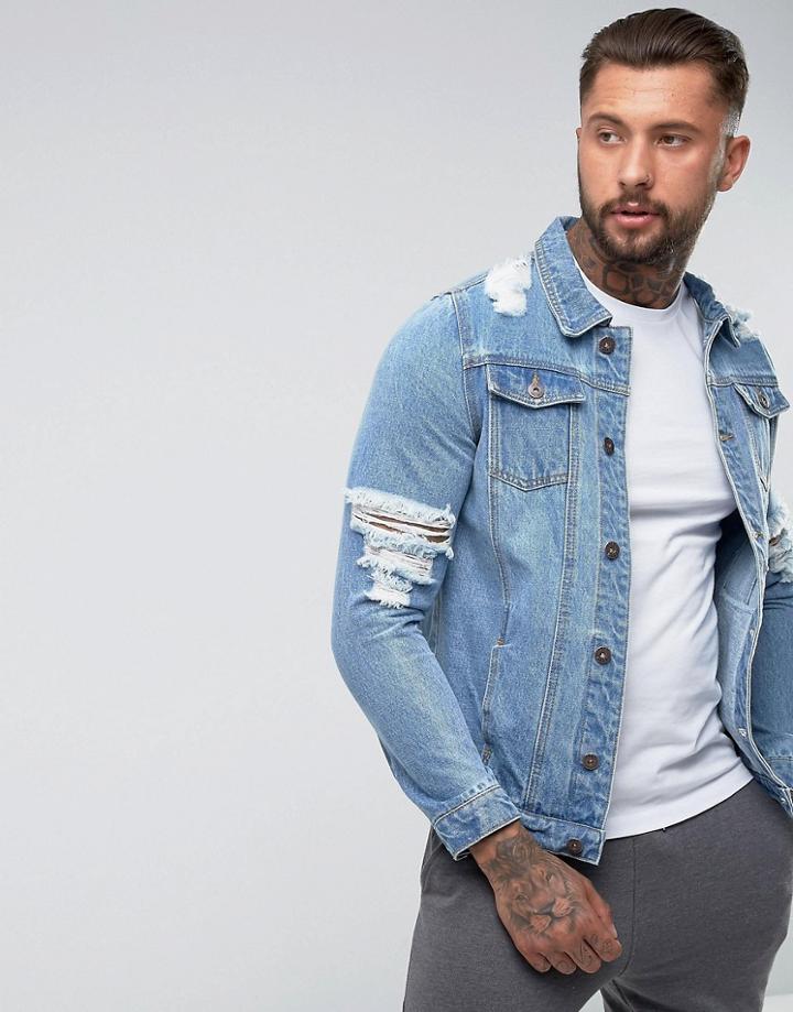 Liquor & Poker Distressed Rip & Repair Jacket - Blue