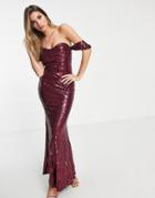 Club L Bardot Sequin Maxi Dress With Fishtail In Burgundy-red