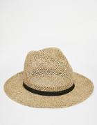 Asos Staw Fedora Hat With Faux Leather Band - Natural