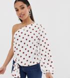 Asos Design Petite One Shoulder Top With Knot Tie Front In Polka Dot - Multi