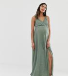 Asos Design Maternity Exclusive Wrap Maxi Dress With Faux Tortoiseshell Ring Detail-green