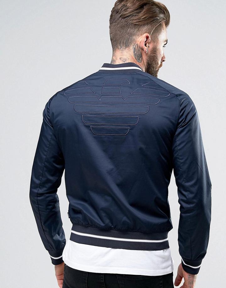 Armani Jeans Slim Bomber Jacket Tipped Embroidered Back In Navy - Navy