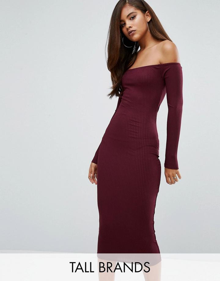 Missguided Tall Ribbed Bardot Bodycon Dress - Purple