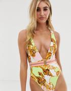 River Island Plunge Swimsuit With Belt In Scarf Print-pink